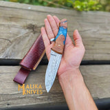 Handmad Damascus Steel Skinner Knife - Rosewood & Resin Handle - Leather Sheath - Ultimate Outdoor Companion-0024