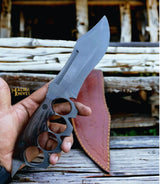 D2 Knuckle Bowie Knife Wenge Wood Full Tang Leather sheath