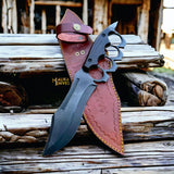 D2 Knuckle Bowie Knife Wenge Wood Full Tang Leather sheath