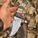 SS Damascus Stag Skinner Knife with Custom Leather Sheath-0047