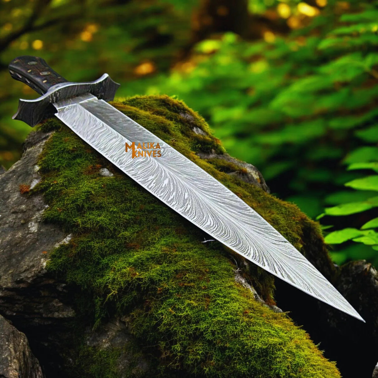 Feather Damascus Bowie Knife G10 Handle Leather Sheath