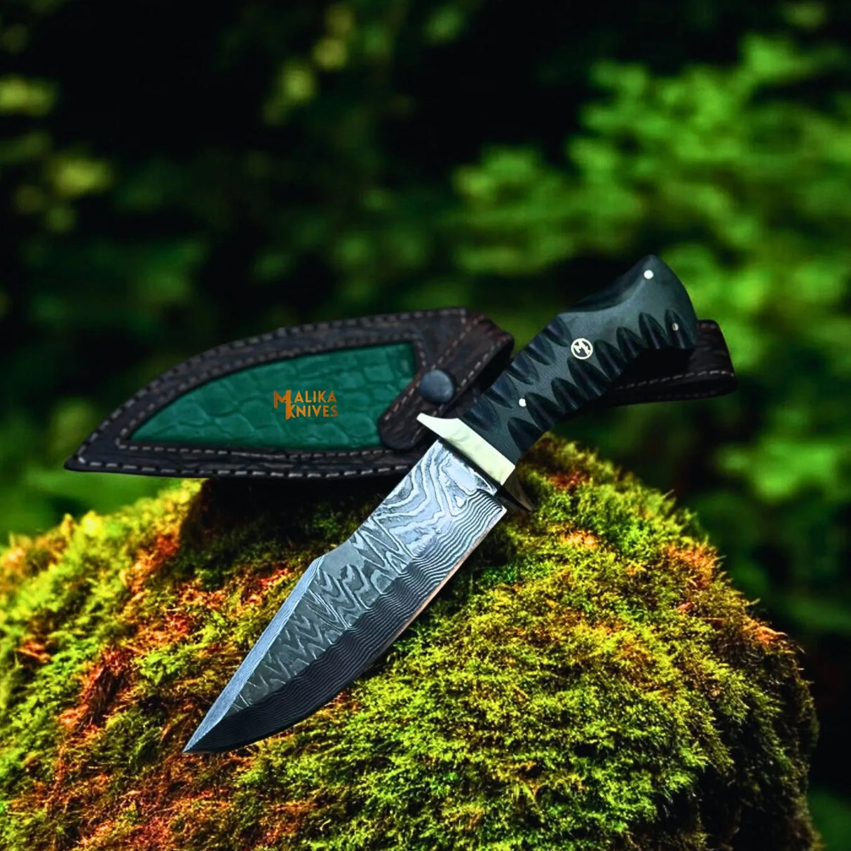 Damascus Bowie Hunting Knife with G10 Handle & Leather Sheath