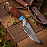 Damascus Cowboy Hunting Knife | Rosewood Handle | Pancake Sheath