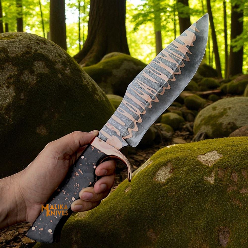 Copper Damascus Bowie Knife | Carbon Fiber Handle