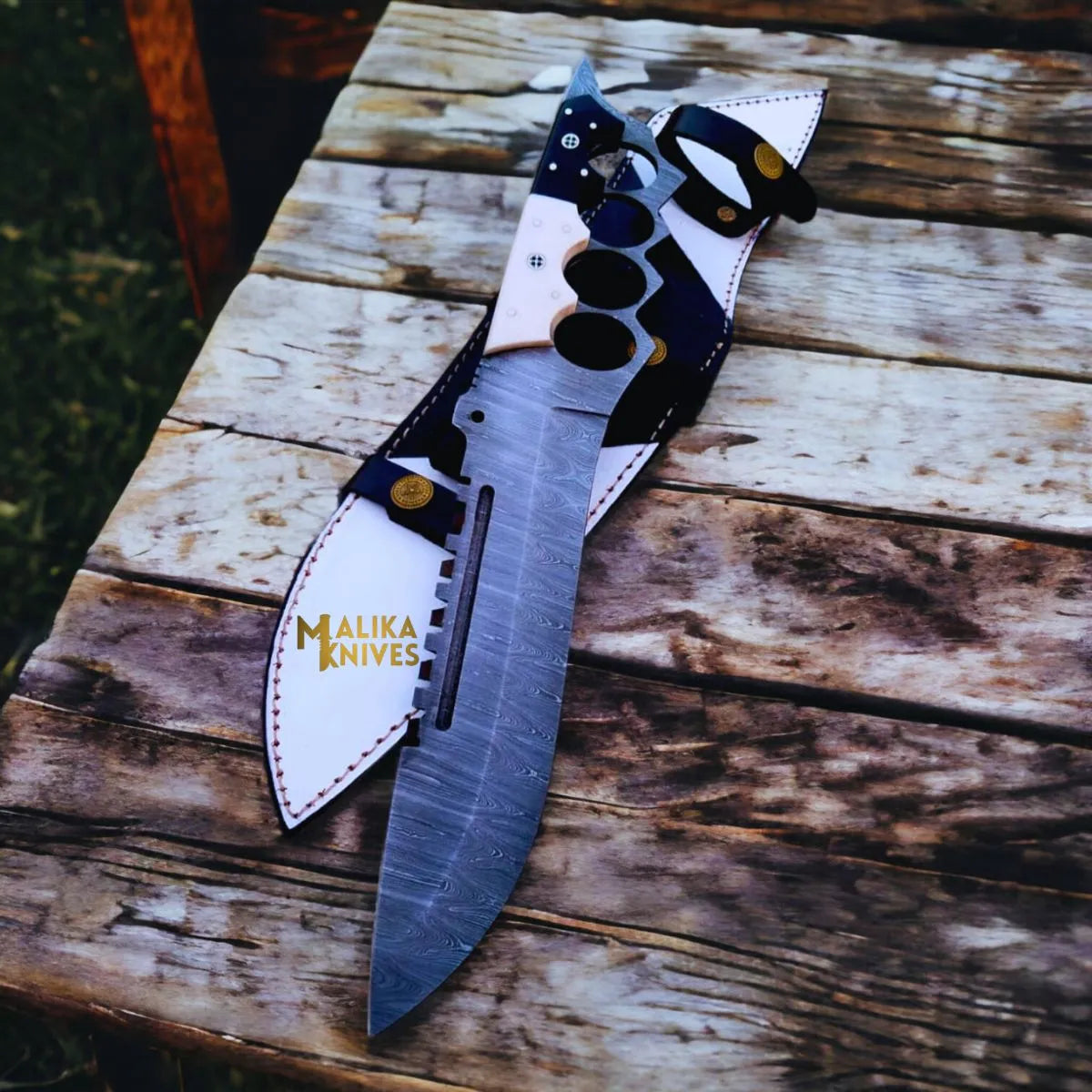 Black White Damascus Knuckle Bowie Knife Resin Handle