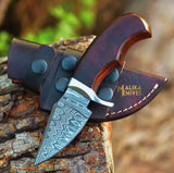 Mini Damascus Hunting Knife with Rosewood Handle