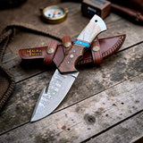 Damascus Gut Hook Hunting Knife with Wood Handle & Sheath