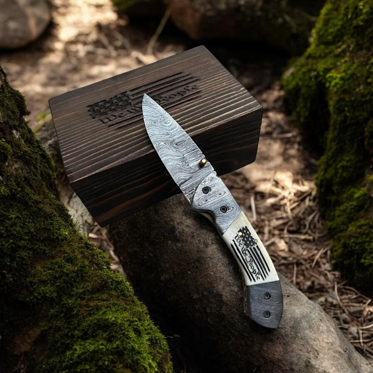 Damascus Folding Knife with Camel Bone Handle | Hand-Engraved People’s Flag | EDC Knife with Gift Box