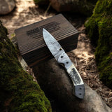 Damascus Folding Knife with Camel Bone Handle | Hand-Engraved People’s Flag | EDC Knife with Gift Box