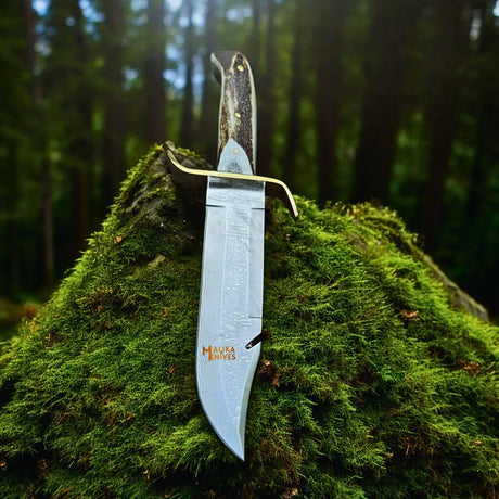 SS Damascus Gut Hook Bowie Knife Stag Antler Handle Sheath