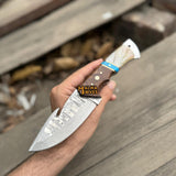 Damascus Gut Hook Hunting Knife with Wood Handle & Sheath