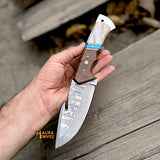 Damascus Gut Hook Hunting Knife with Wood Handle & Sheath