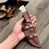 Damascus Gut Hook Hunting Knife with Wood Handle & Sheath