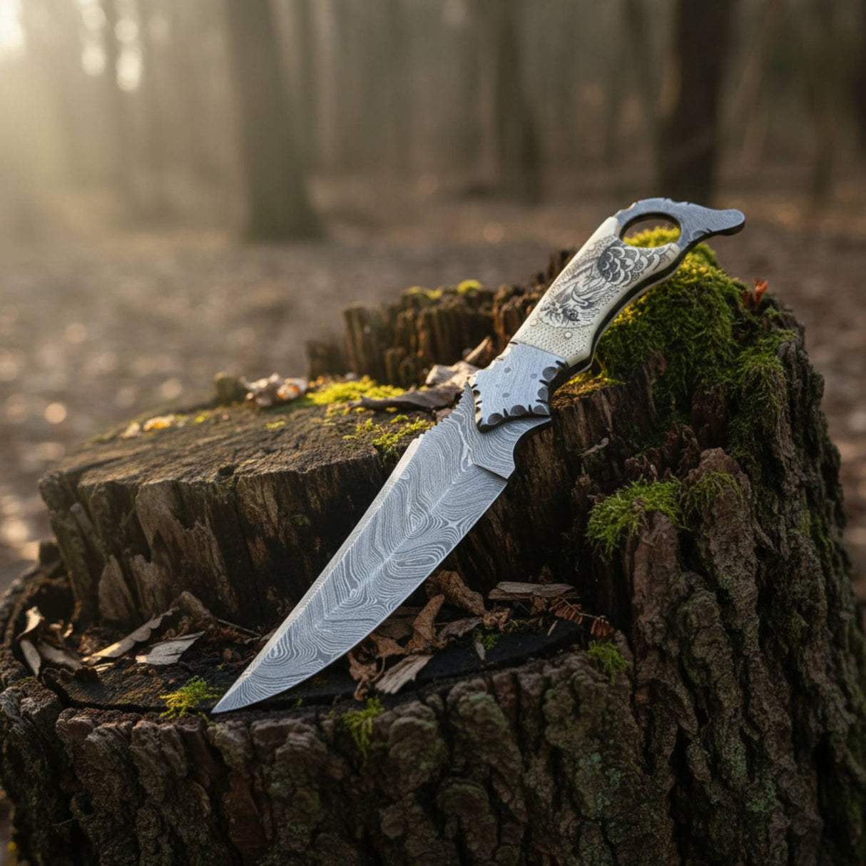 Biker Ringtail Knife Damascus Camel Bone EDC