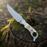 Biker Ringtail Knife Damascus Camel Bone EDC