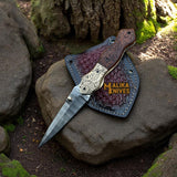 Hand-Engraved Damascus Steel Folding Knife – Custom EDC with Engraved Wood Handle-8010