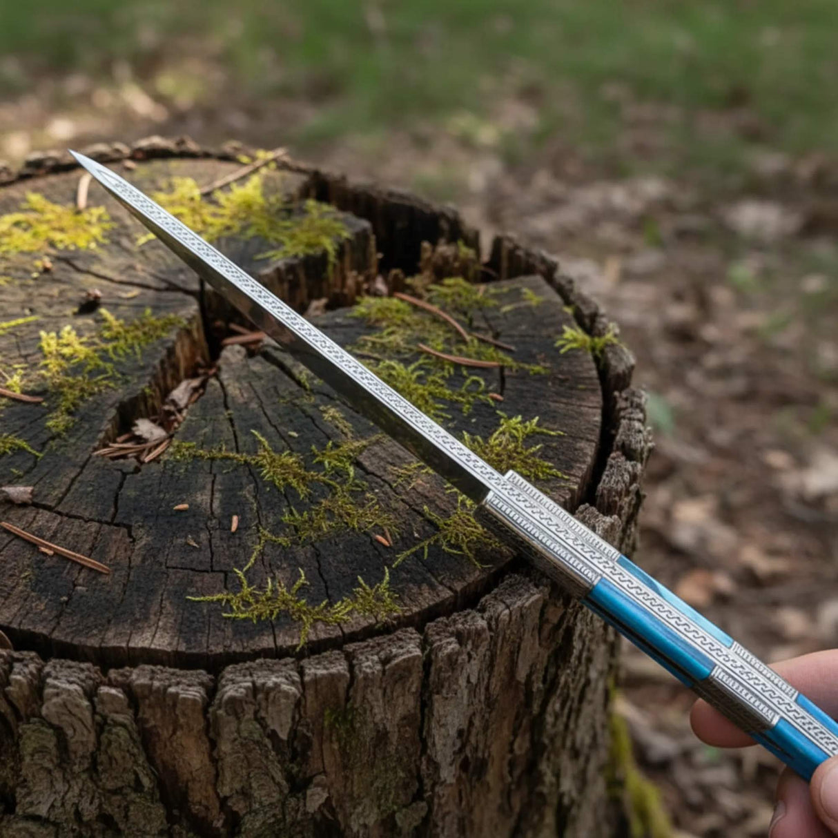 Hand Engraved D2 Hunting Knife Tinted Camel Bone Handle