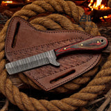 Damascus Cowboy Bull Cutter Knife | Red Pakka Wood | Pancake Sheath
