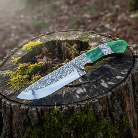 Hand Engraved D2 Hunting Knife | Camel Bone Handle