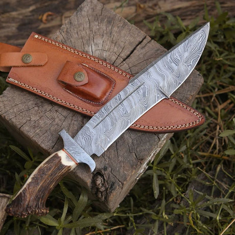 Damascus Stag Bowie Knife with Leather Sheath