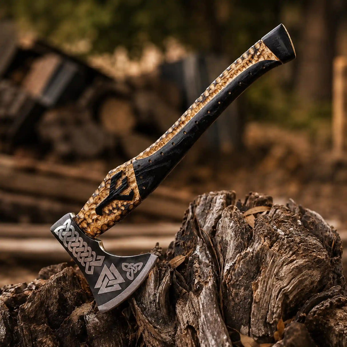 Valknut Viking Axe – Hand-Forged 1075 Steel Bearded Axe, Carved Ash Handle