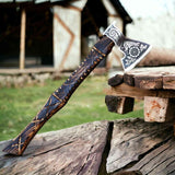 Raven & Sunwheel Viking Axe – Hand-Forged 1075 Steel Bearded Axe, Ash Handle